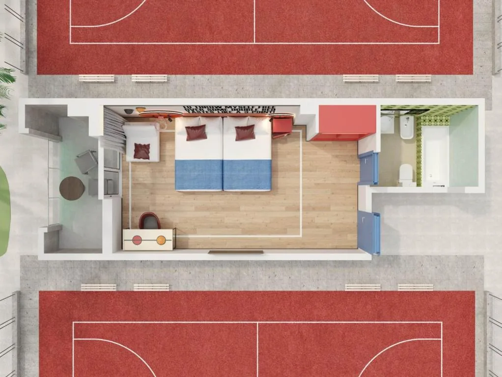 Habitación cuádruple Slam Dunk con vistas a la piscina y temática de baloncesto — Hotel Magic Sports 4